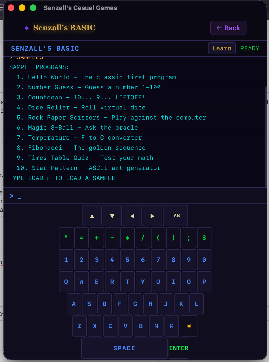 Senzall's BASIC — Programming sandbox screenshot
