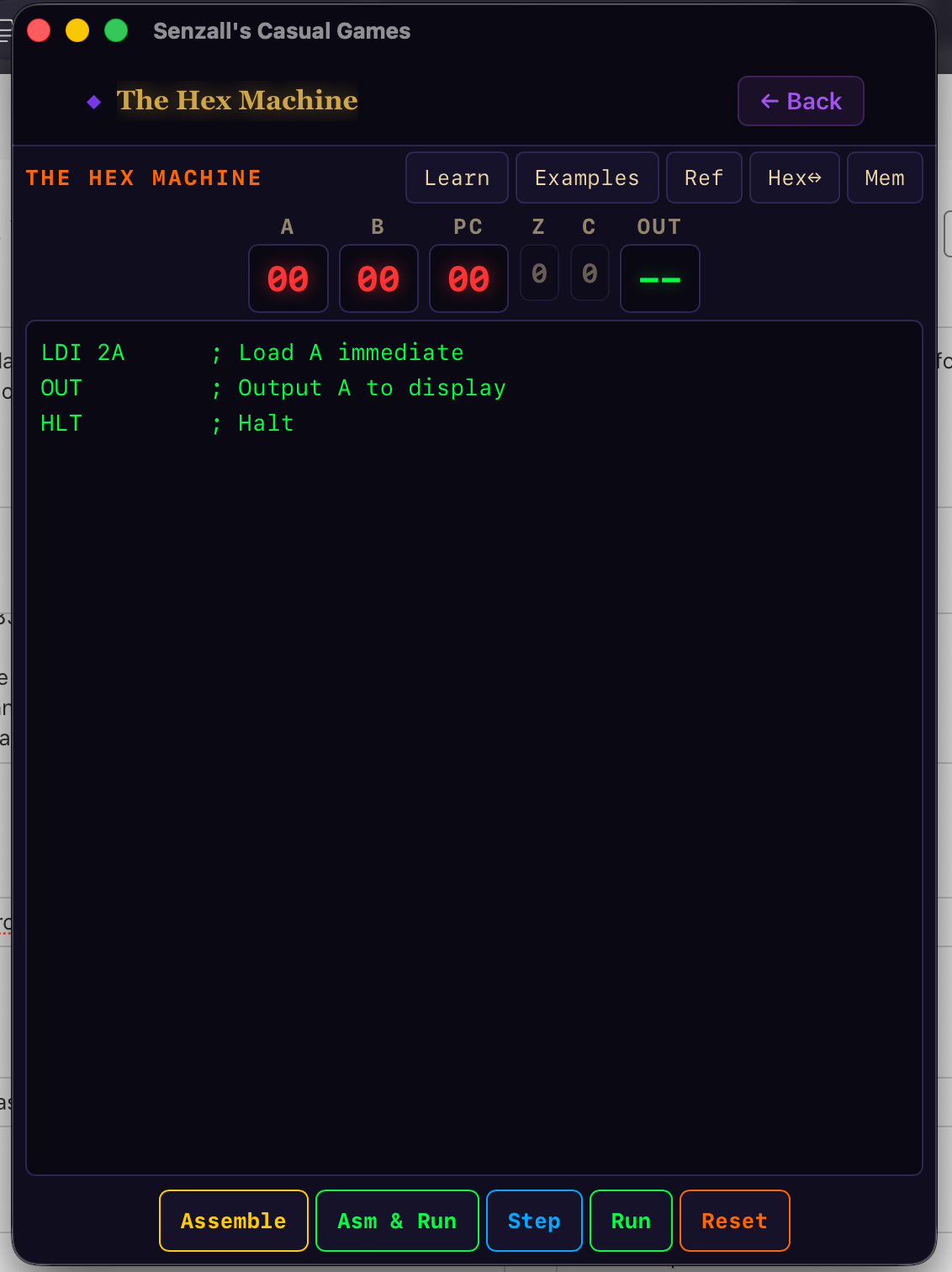 The Hex Machine — 8-bit assembly trainer screenshot
