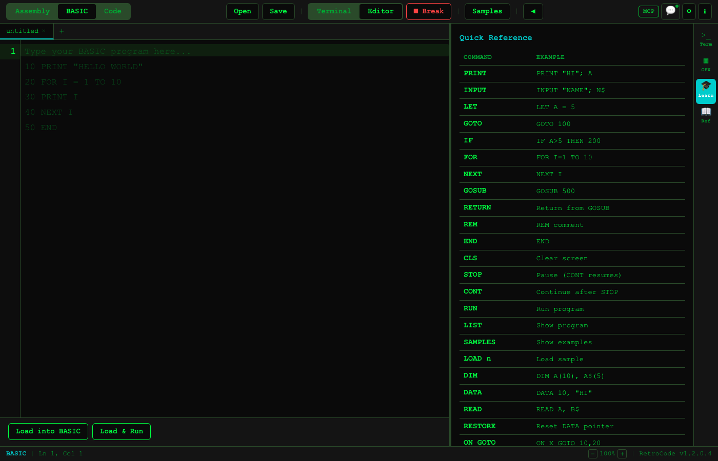 BASIC command reference panel